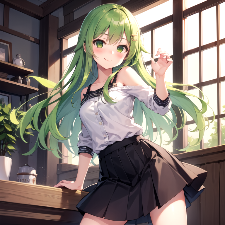 07314-4202195237-masterpiece, best quality, beautiful background,indoors,1girl, solo, green hair, green eyes, casual, skirt,smile,dynamic pose,.png